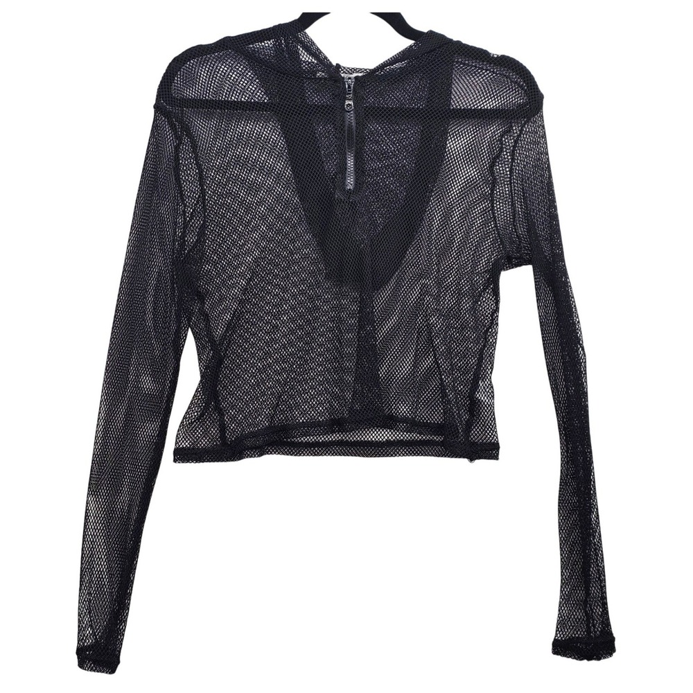 Heart & Hips Black Fishnet Mesh Quarter Zip Cropped Hoodie LH37298L Mens Medium